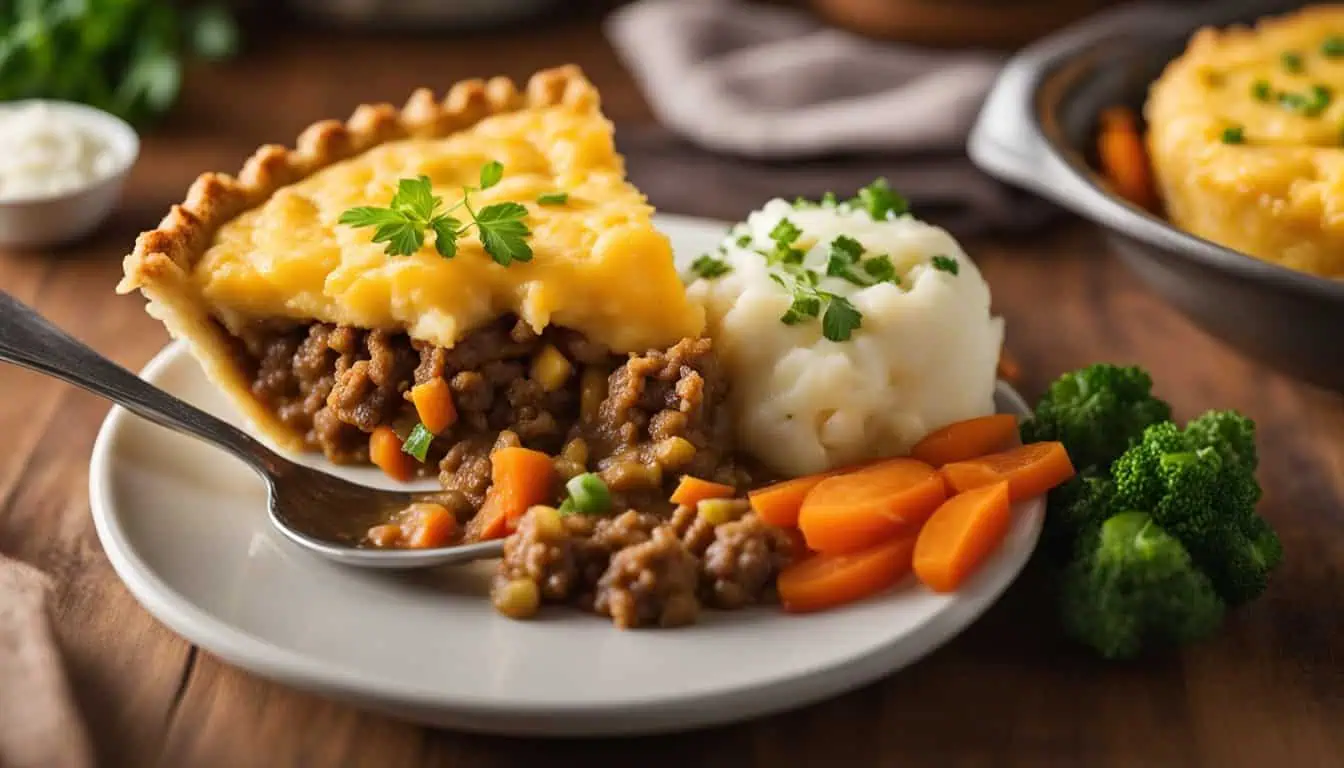 A delicious Shepherd's pie served with creamy mashed potatoes and vibrant carrots on a plate, showcasing a hearty meal.