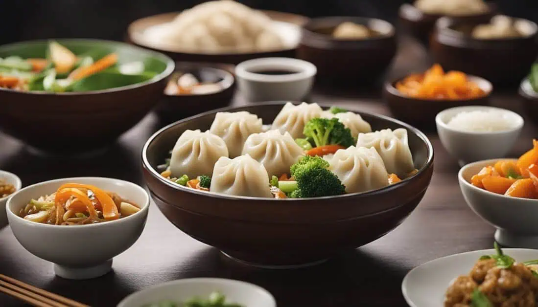 A beautifully arranged table featuring bowls of food and dumplings, showcasing the cuisine of an authentic Chinese restaurant in Singapore.