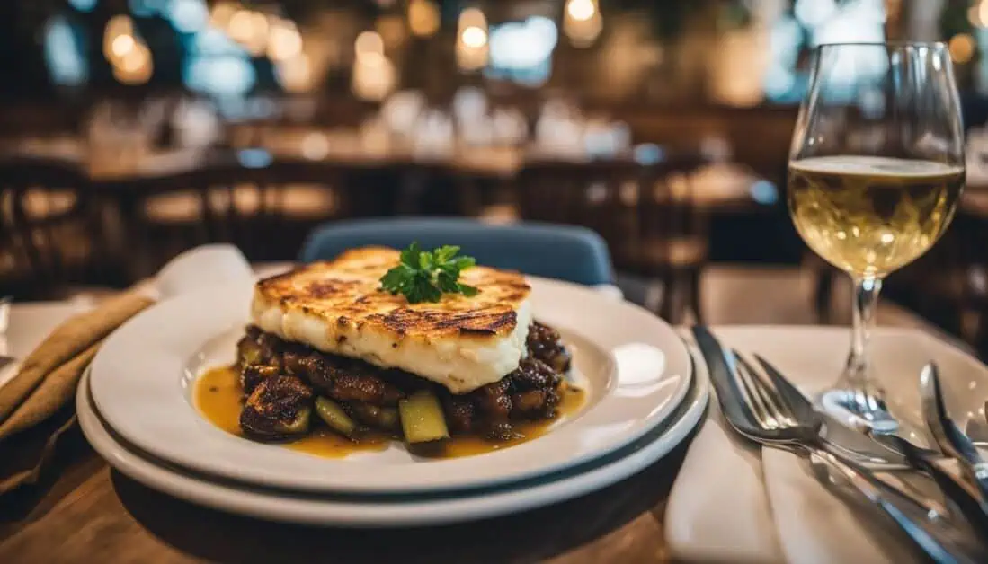 A beautifully arranged plate of authentic Greek food accompanied by a glass of wine on a table in Singapore.