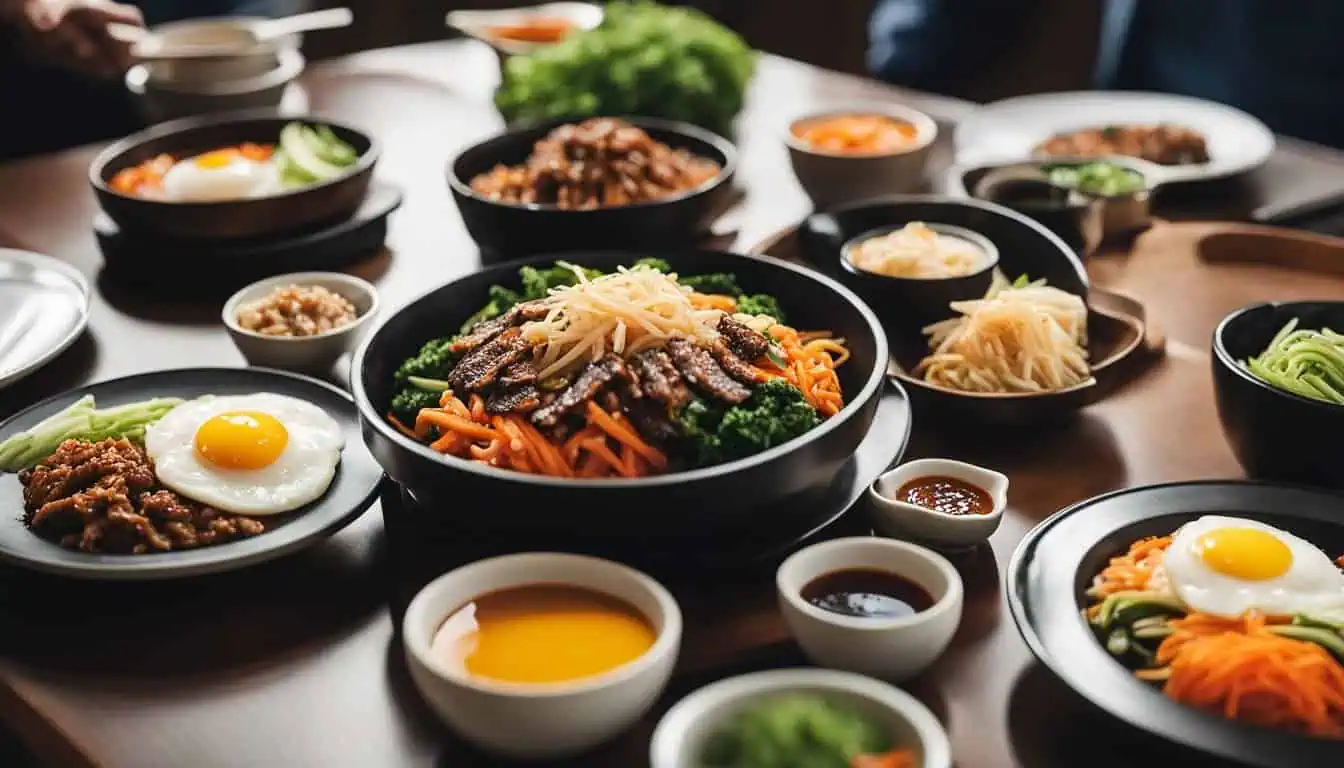 A table filled with various bowls of authentic Korean dishes, showcasing the vibrant cuisine of Korean restaurants in Singapore.