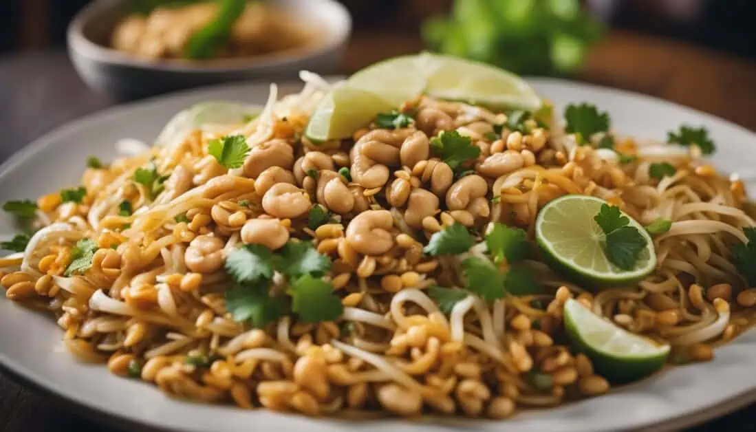 Delicious Pad Thai noodles garnished with peanuts and lime, showcasing the flavors of an authentic restaurant in Singapore.