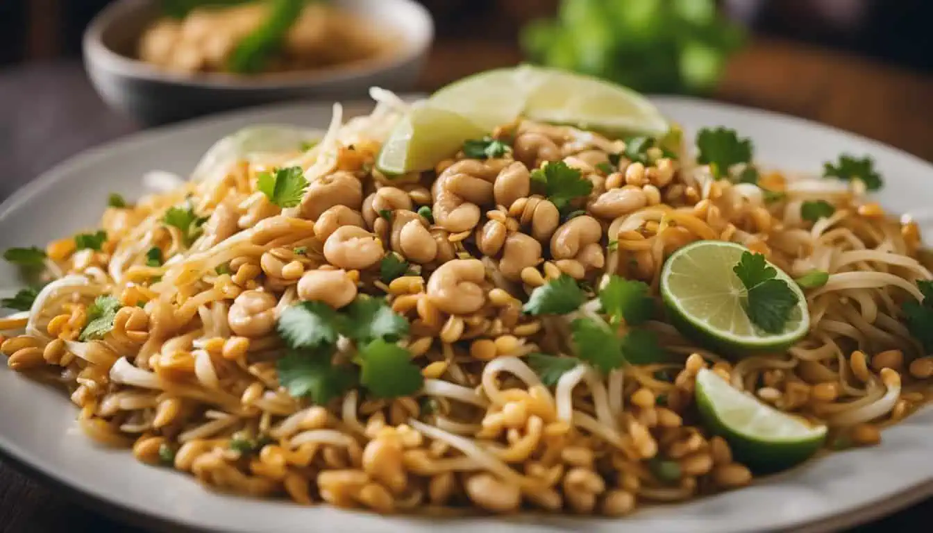 Delicious Pad Thai noodles garnished with peanuts and lime, showcasing the flavors of an authentic restaurant in Singapore.