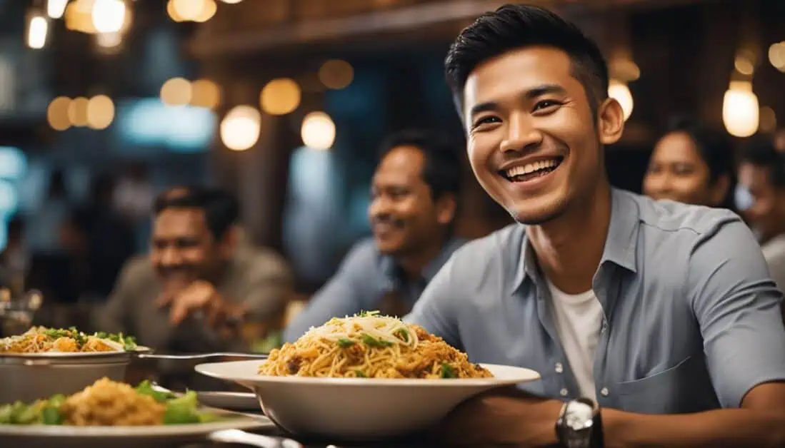 A man happily eats at a restaurant famous for its exceptional biryani in Little India, Singapore.