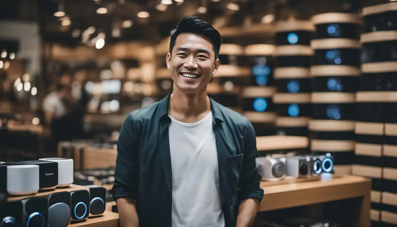 A happy man stands before an electronics shop, displaying a selection of Bluetooth speakers for sound quality in Singapore.