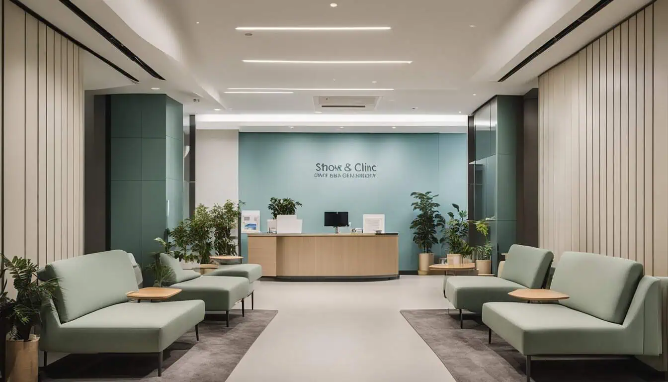 A modern waiting room at a new health clinic in Kiev, featuring comfortable seating and a calming atmosphere.