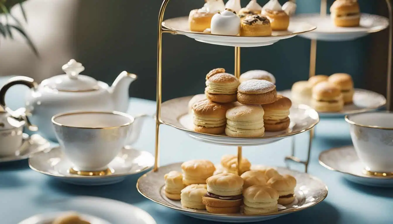 A table elegantly set with three tiered trays filled with assorted pastries, perfect for an afternoon tea gathering.