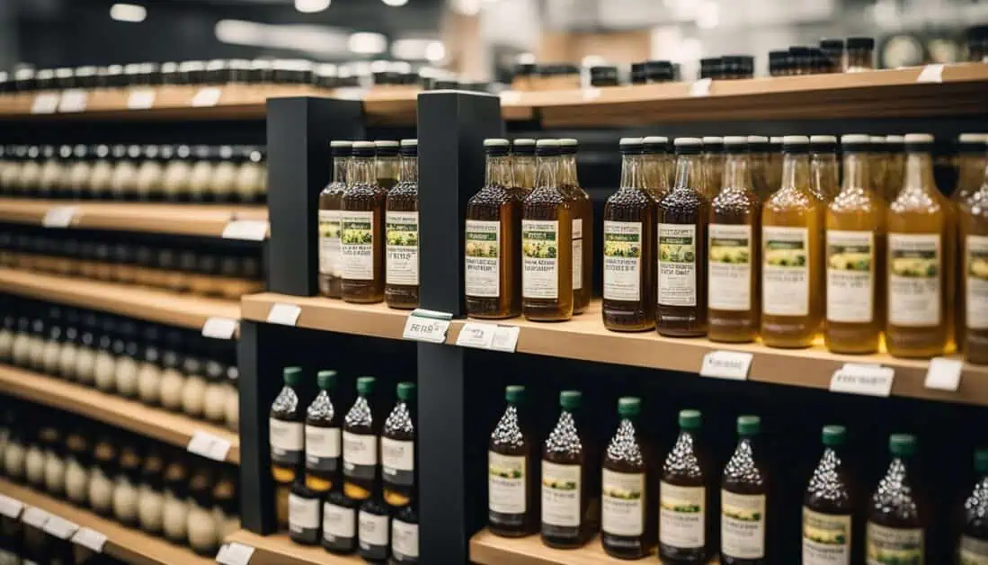 A row of honey bottles neatly arranged on shelves, showcasing various brands and sizes for sale.