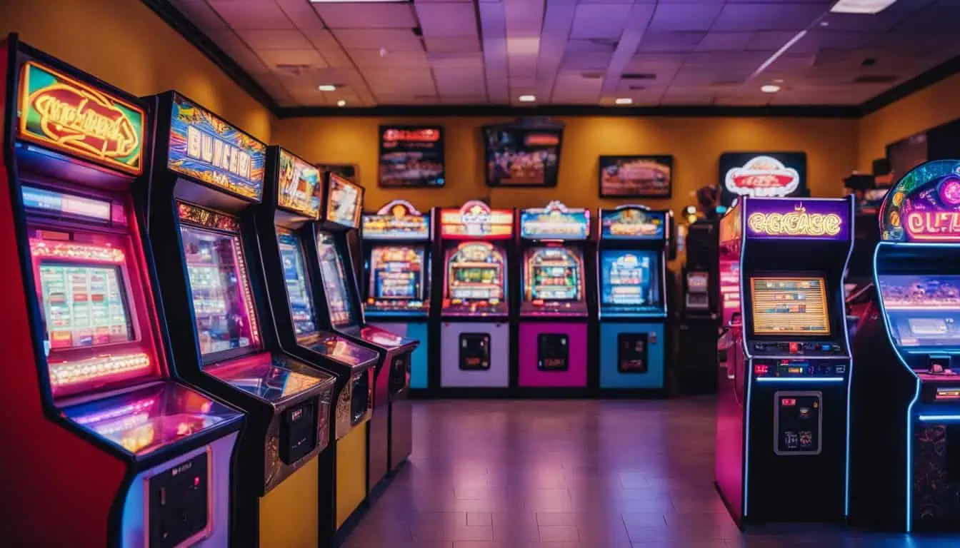 A colorful display of arcade machines lined up, representing Singapore's top arcade centers.