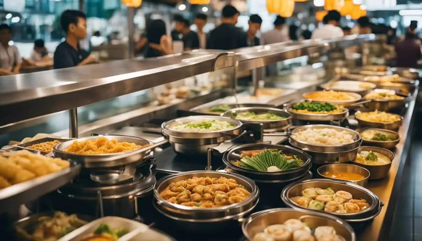A vibrant buffet line showcasing a variety of Asian dishes, highlighting the best food options in Singapore.