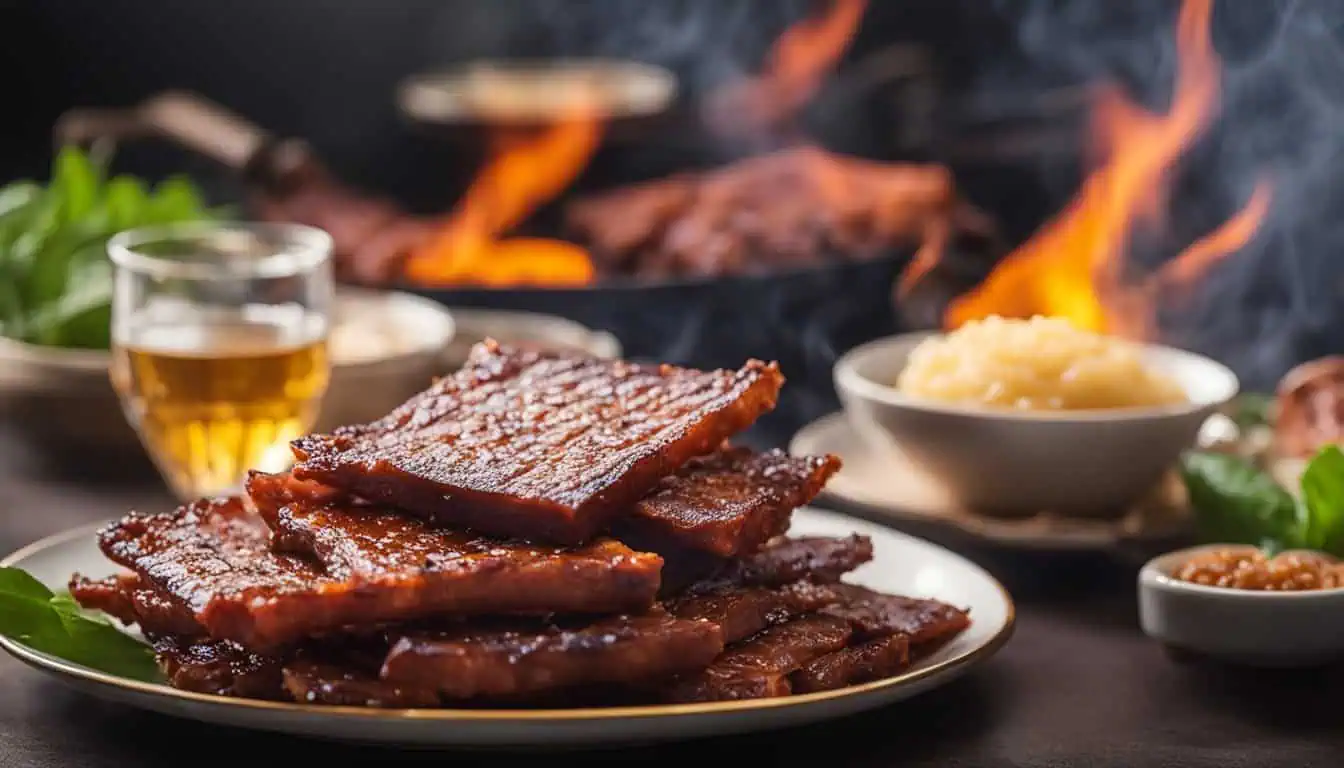 A plate featuring tender meat, a bowl of savory sauce, and a bowl of rice, representing the Best Bak Kwa Place in Singapore.