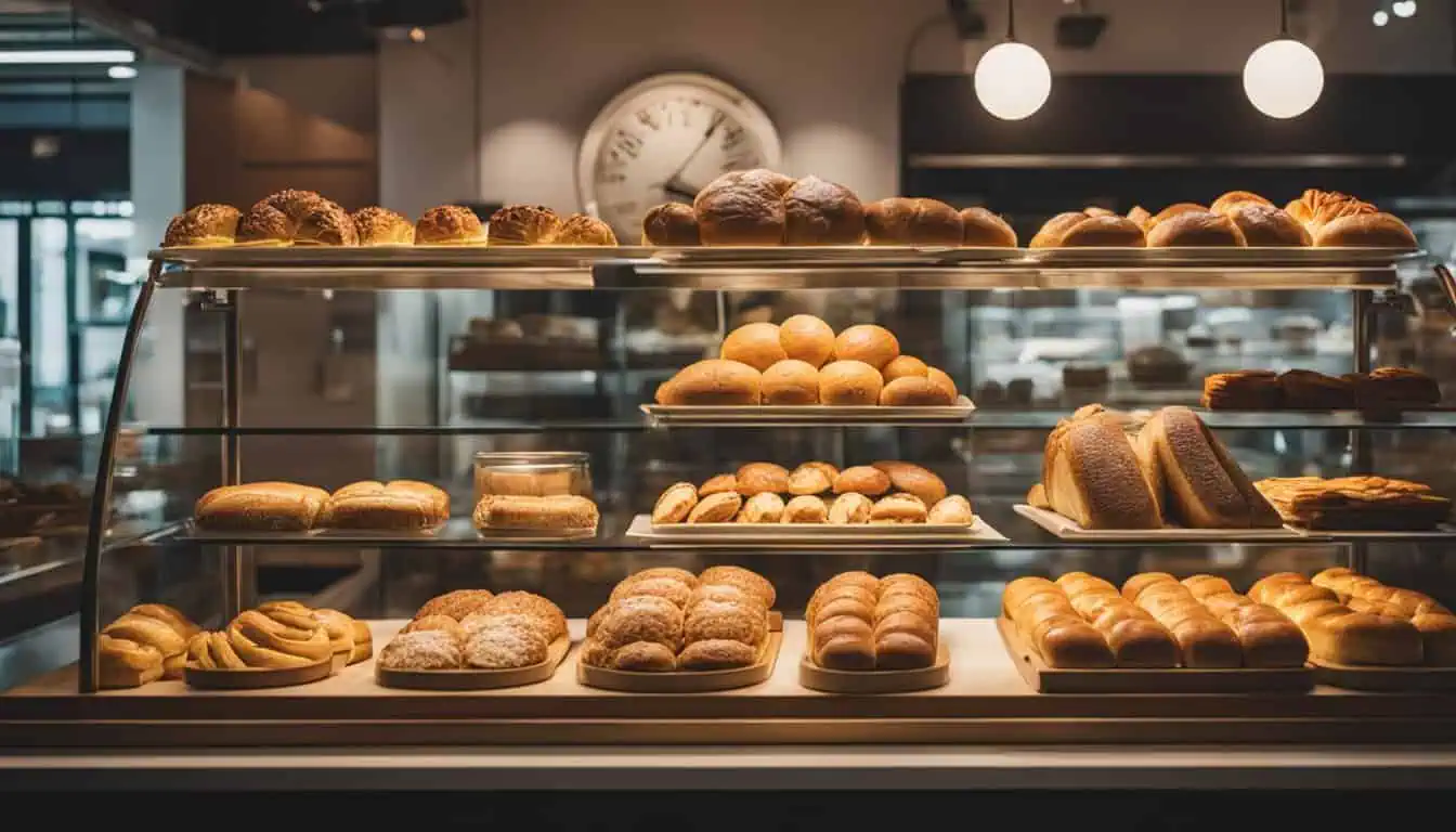 A bakery display case filled with an assortment of fresh breads and pastries, showcasing the best offerings in Singapore