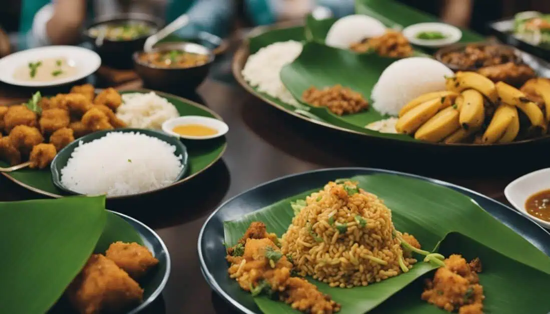 A beautifully arranged table featuring numerous plates of food, highlighting the exquisite cuisine of Singapore's top banana leaf restaurant.