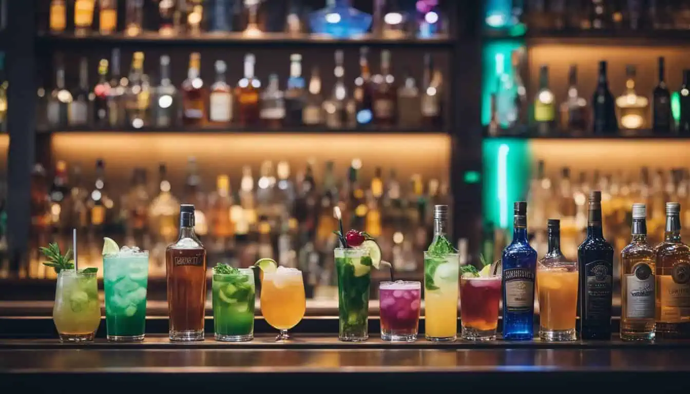 A row of diverse cocktails in bright colors arranged on a bar, highlighting the top bars in Clarke Quay, Singapore.
