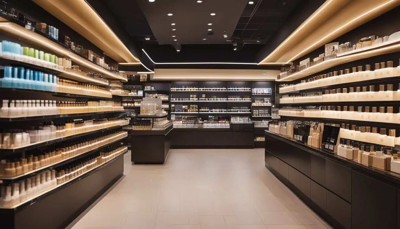 A store interior showcasing shelves stocked with various cosmetics, highlighting the best BB cream brand in Singapore.