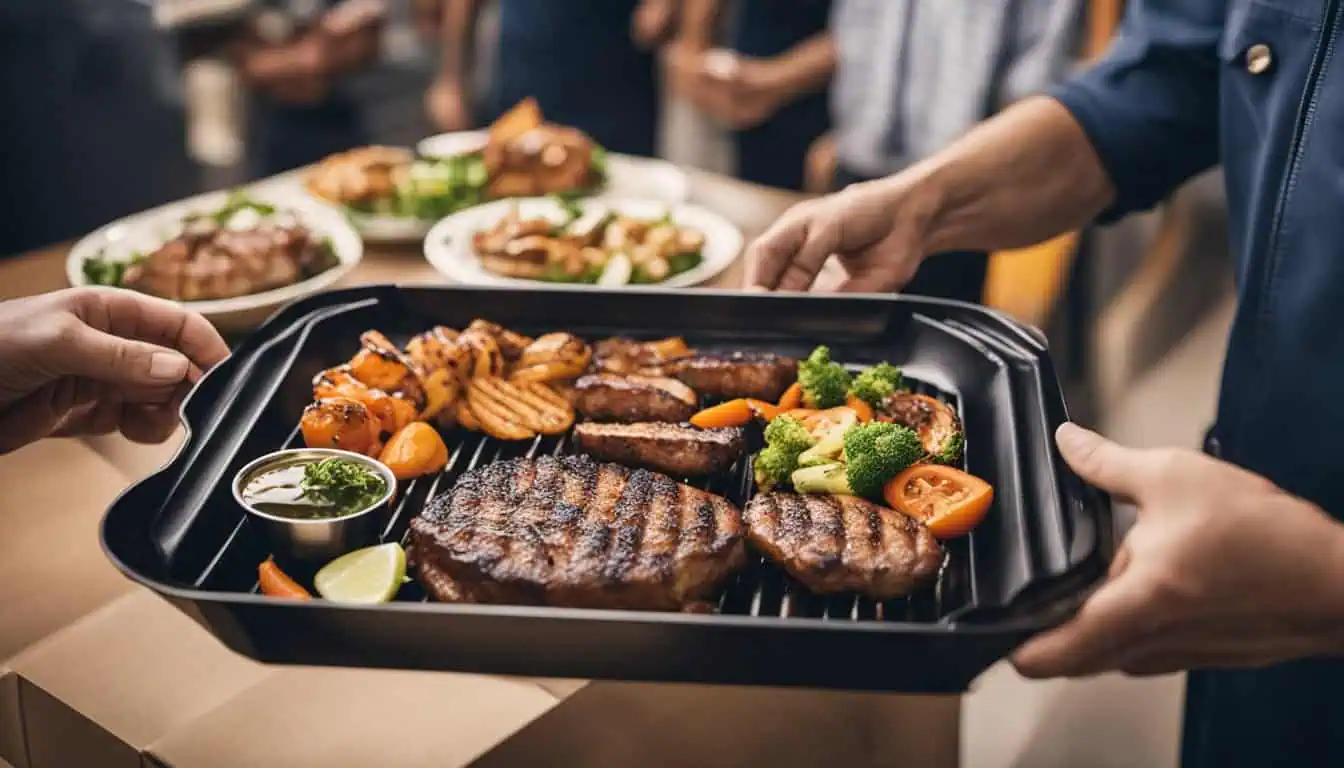 A gathering of people enthusiastically showcasing a tray of barbecue dishes, highlighting Singapore's best delivery options.