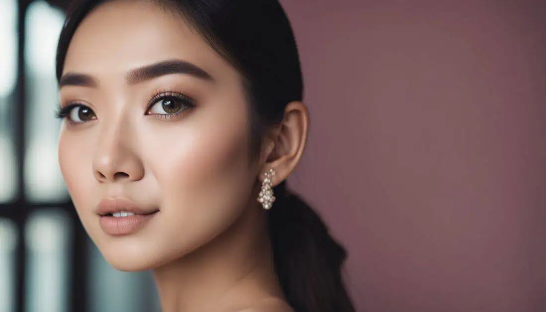 A beautiful Asian woman with long hair and earrings, representing the expertise of the best beauticians in Singapore.