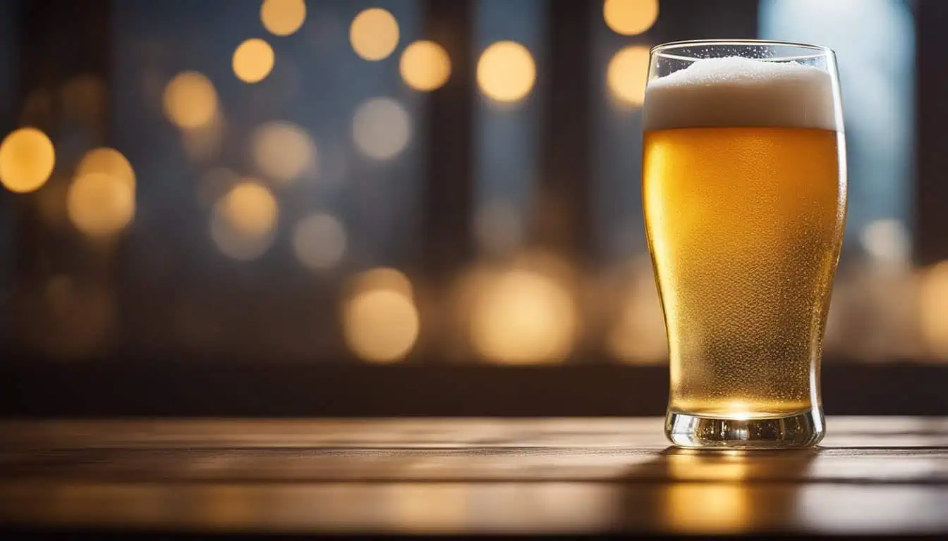 A glass of beer sits on a rustic wooden table, highlighting the ambiance of Singapore's best beer bar locations.