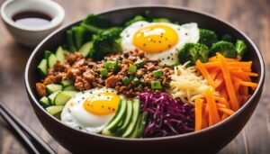A delectable bowl of bibimbap topped with an egg, emphasizing Singapore's premier dish.