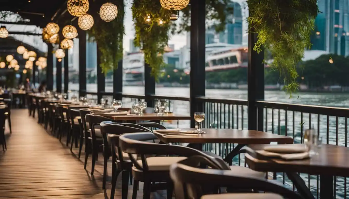 Scenic restaurant dining area with tables and chairs overlooking the waterfront at Boat Quay, Singapore.