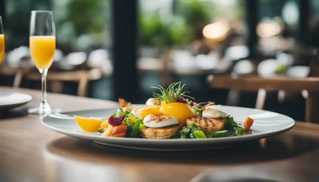 A delightful brunch setting featuring a plate of food and refreshing orange juice glasses on a table in Singapore.