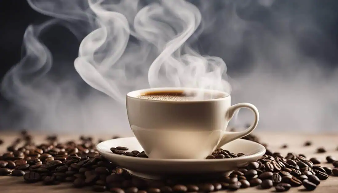 A close-up of a steaming cup of coffee with coffee beans, set on a wooden table, representing the best cafes in Orchard, Singapore.