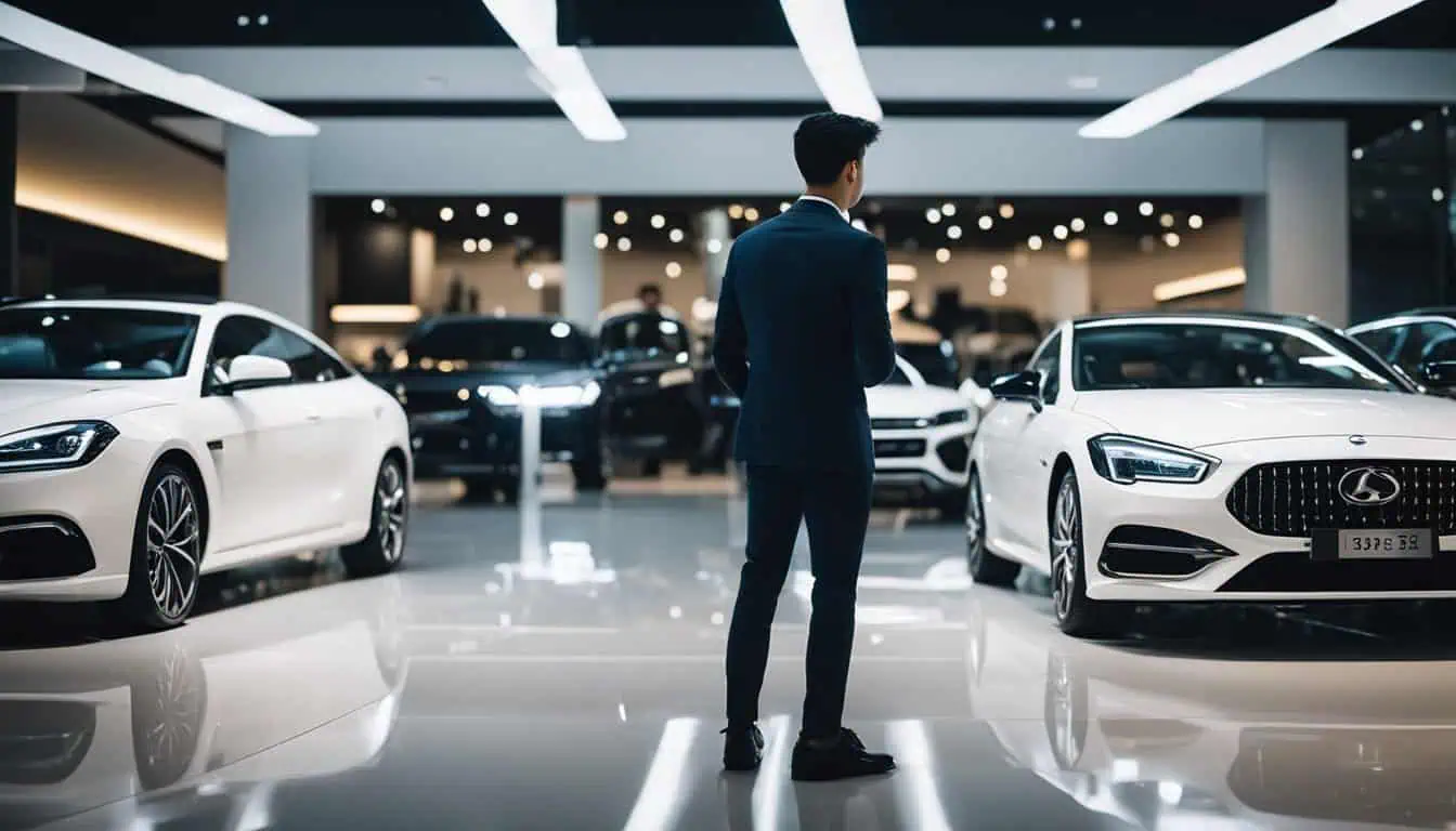 A man in a suit stands confidently in front of a luxury car, representing the best car dealers in Singapore.