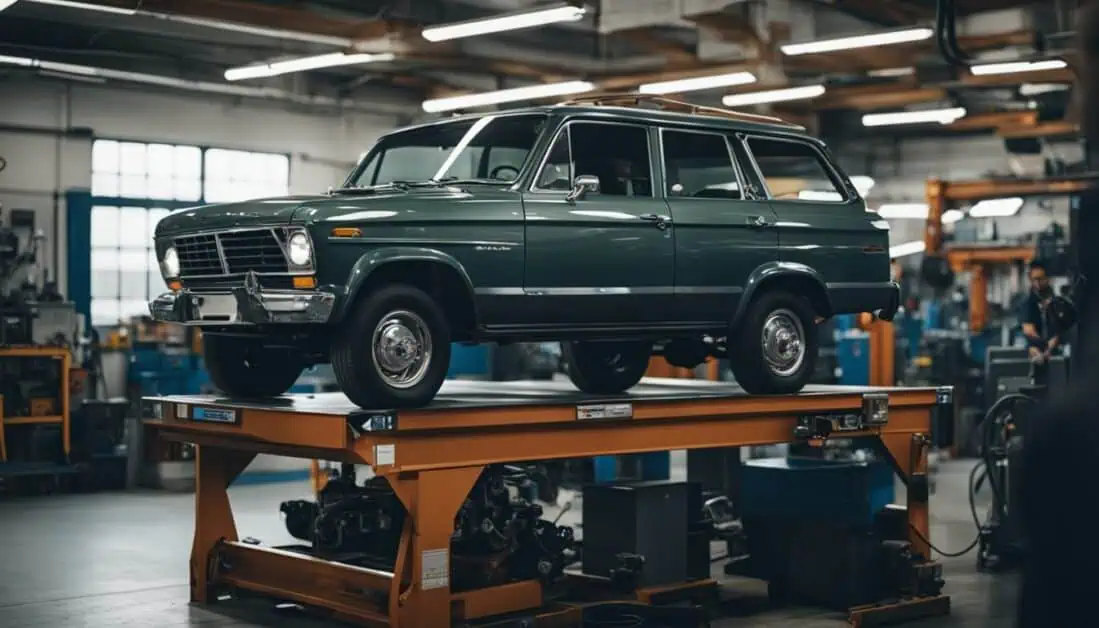 A green truck elevated on a lift, showcasing the best car servicing in Singapore.