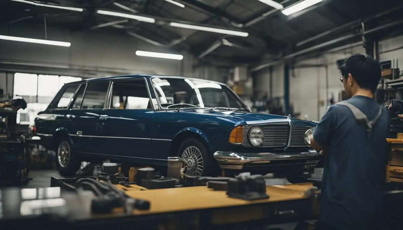 A man diligently repairs a car in a well-equipped garage, showcasing the expertise of Singapore's best car workshops.
