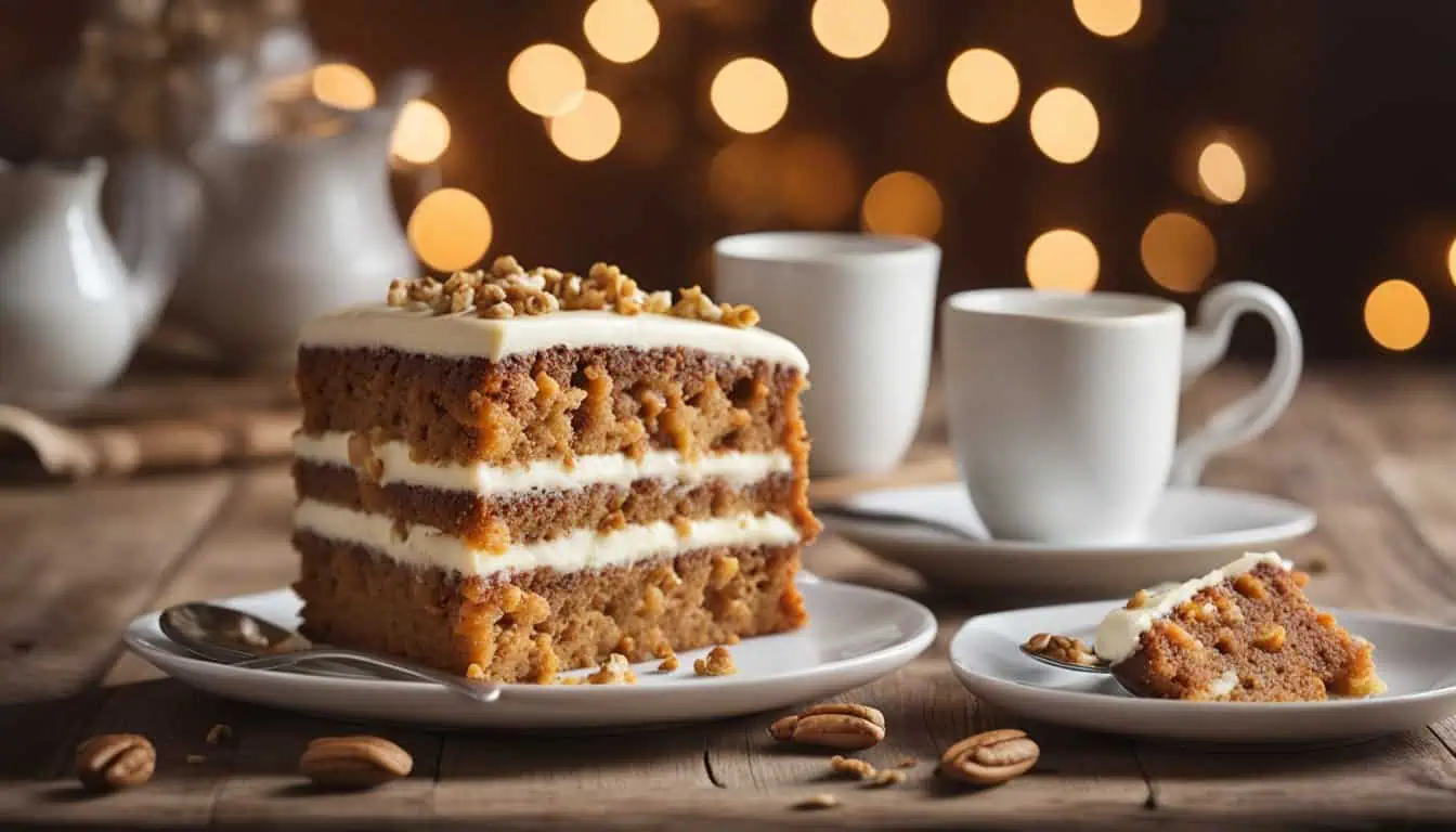 A slice of carrot cake topped with cream cheese frosting, elegantly presented on a plate, showcasing the best in Singapore.