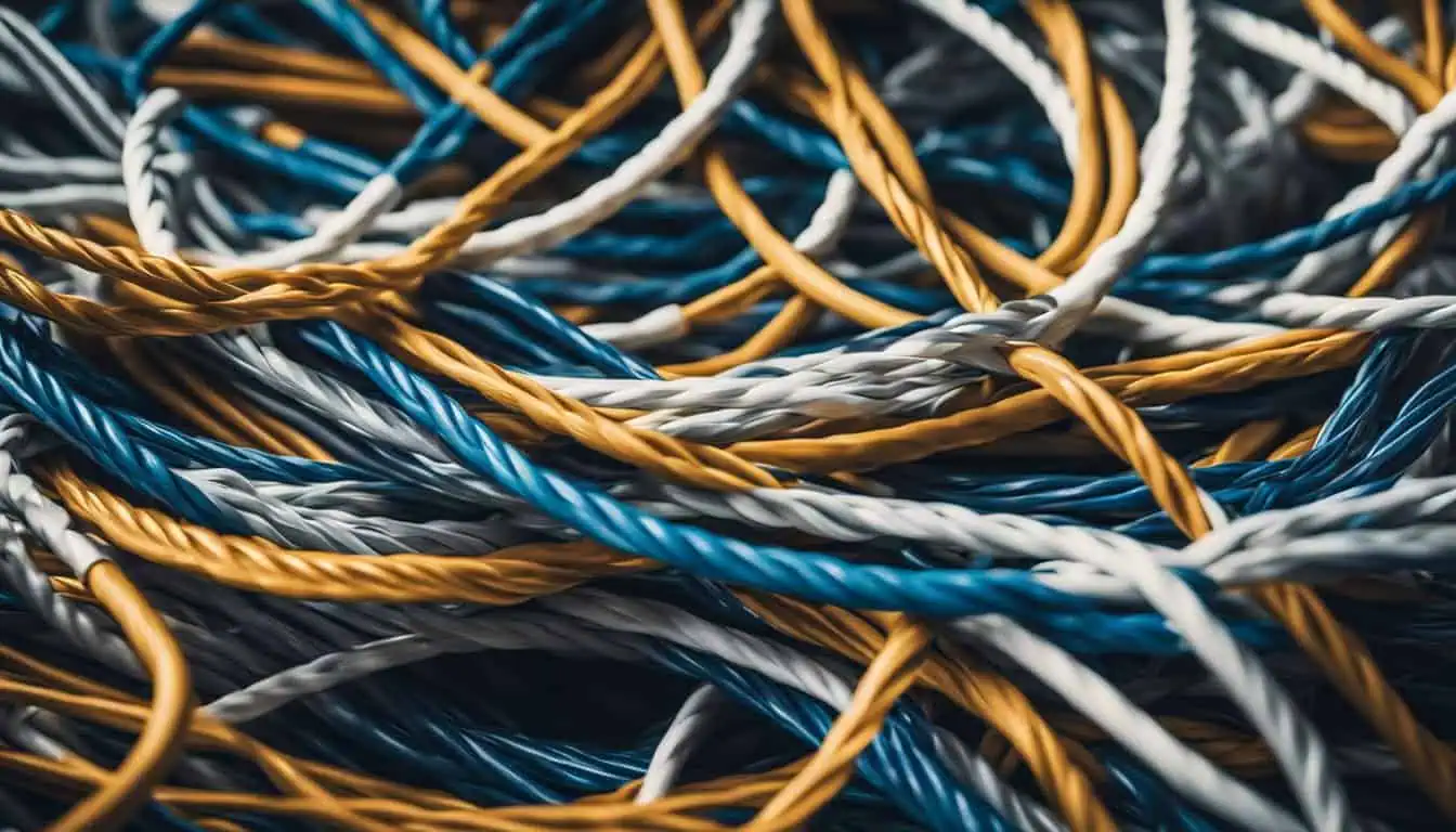 A close-up of a pile of blue and yellow Cat6 cables, showcasing their vibrant colors and quality for networking in Singapore.