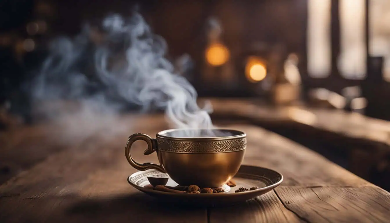 A steaming cup of coffee rests on a wooden table, showcasing the inviting ambiance of the best chai place in Singapore.