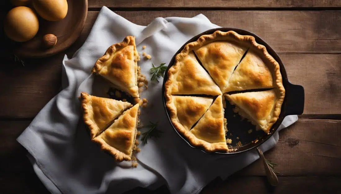 A tempting chicken pie with one slice taken out, elegantly placed on a table, representing Singapore's finest chicken pies.