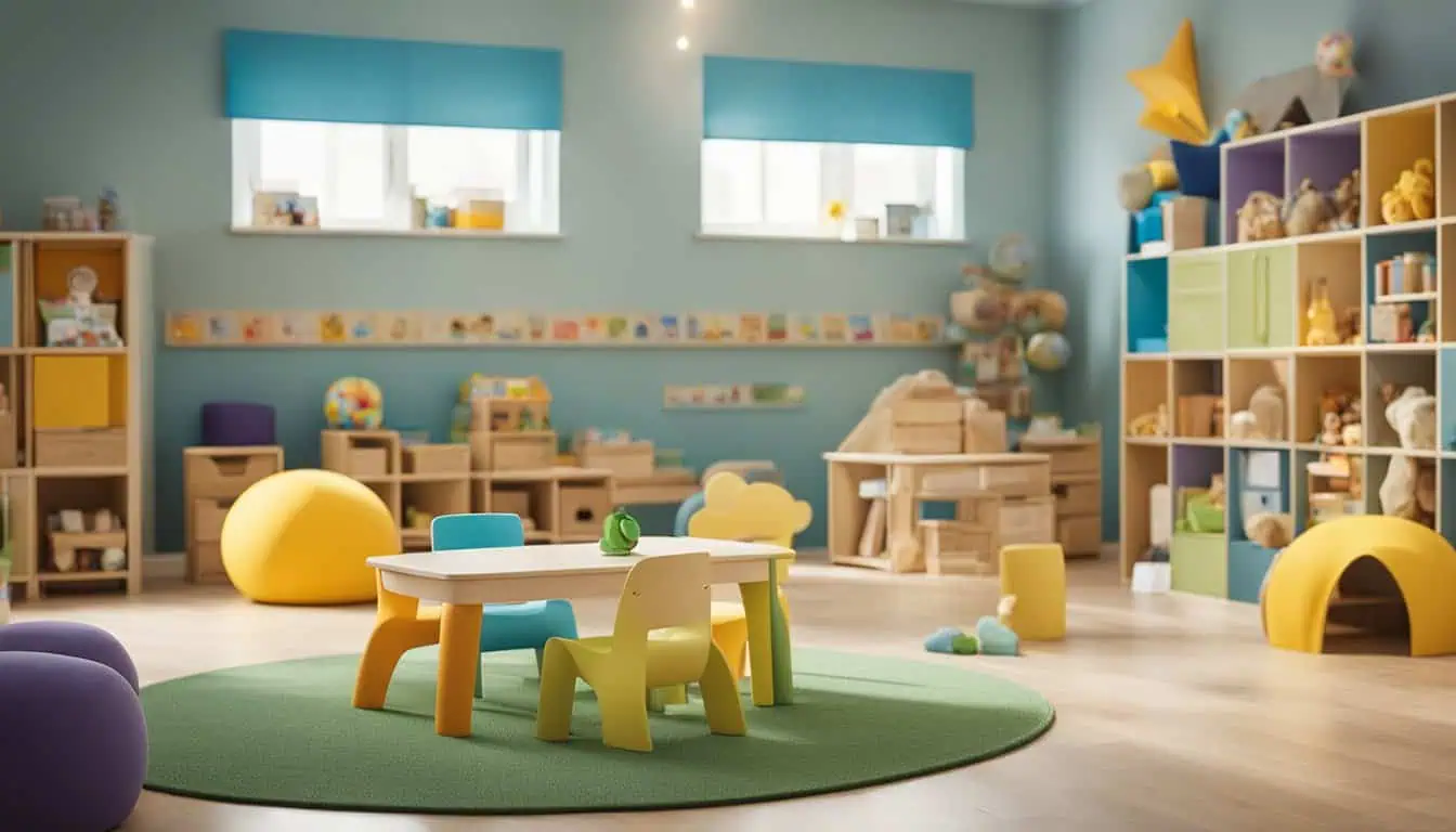 A vibrant children's playroom filled with colorful toys, showcasing a joyful and engaging environment for young learners.