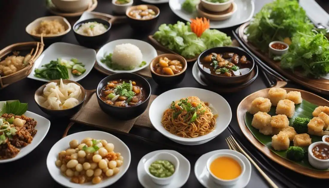 A vibrant table showcasing an array of Asian vegetarian dishes, highlighting the best Chinese cuisine in Singapore.