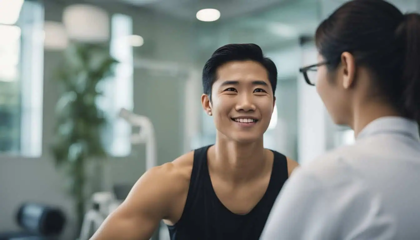 Asian man consulting with a doctor in a gym setting, highlighting chiropractic care in Singapore's top clinics.