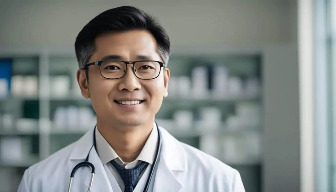 A male LASIK eye surgeon wearing glasses and a white coat, focused on providing expert medical care.
