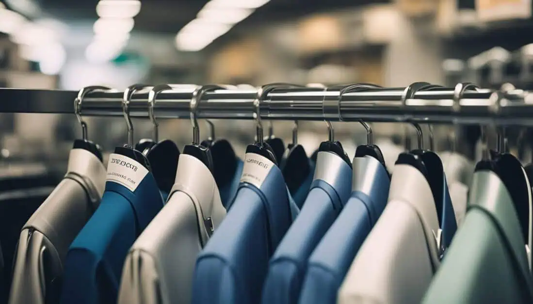A display of neatly arranged shirts hanging on a rack in a retail store, showcasing a variety of styles and colors