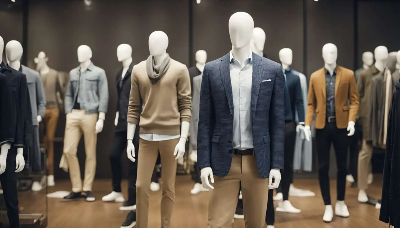 Display of mannequins showcasing men's fashion in a clothing store in Singapore, highlighting stylish apparel options.