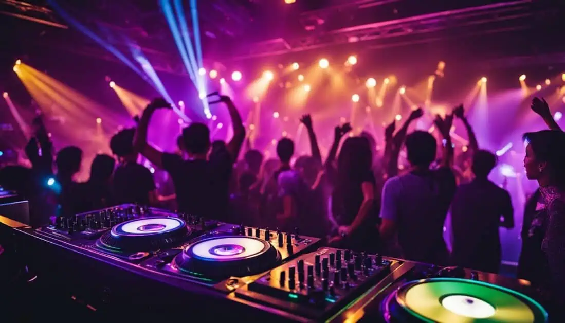 DJ equipment set up at a lively party, with guests enjoying the atmosphere in the background at one of Singapore's best clubs.