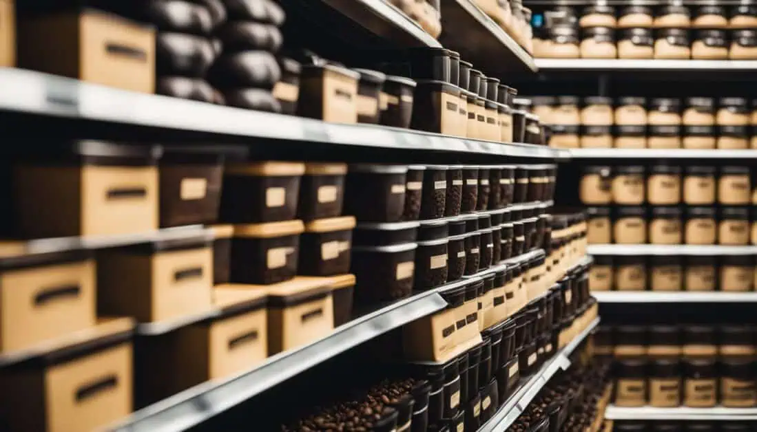 A row of shelves displaying brown containers, showcasing the best coffee beans suppliers in Singapore.