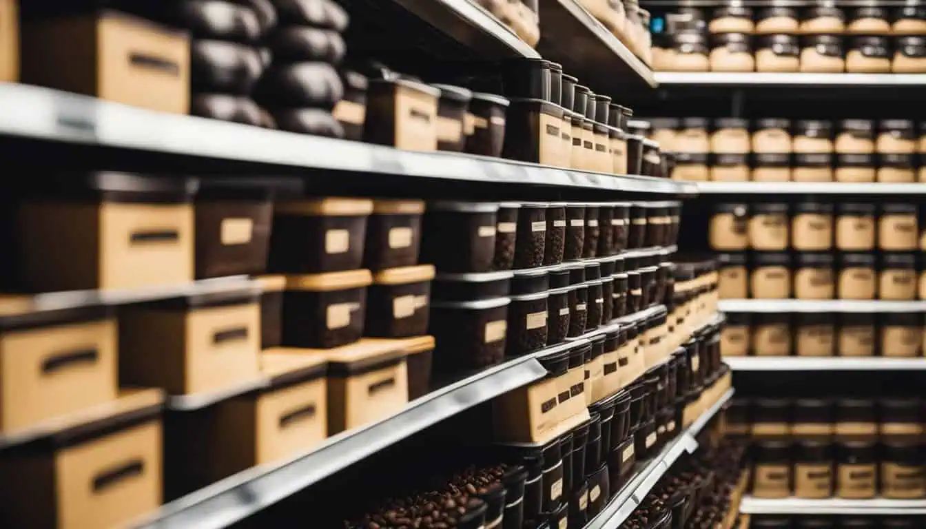 A row of shelves displaying brown containers, showcasing the best coffee beans suppliers in Singapore.