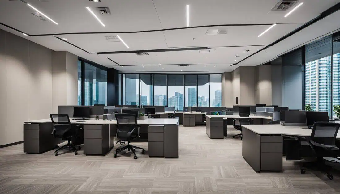 An office space featuring desks and chairs arranged in front of a large window, showcasing modern interior design.
