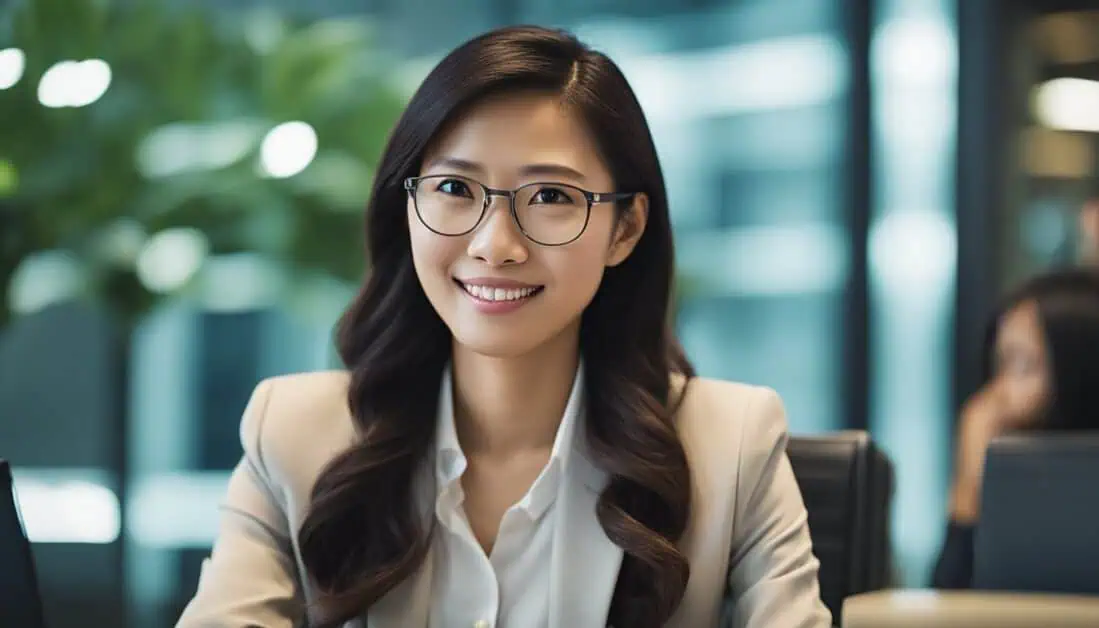 A smiling woman in glasses sits at a desk, representing the top commercial real estate agents in Singapore.