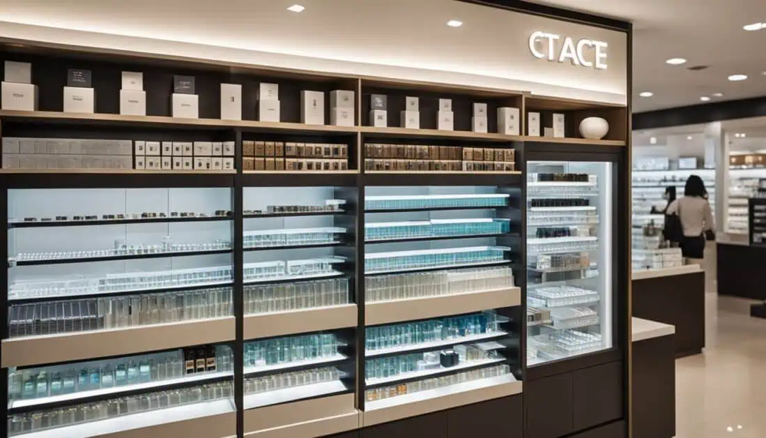 A well-organized store showcasing shelves filled with cosmetics and various products, recognized as Singapore's best contact lens store.