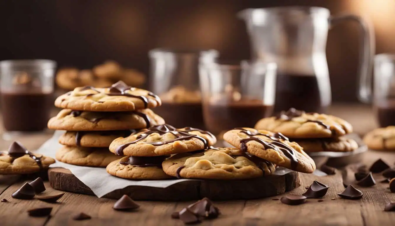 A plate of chocolate chip cookies on a wooden table, accompanied by a glass of milk and chocolate, highlighting Singapore's best bakeries.
