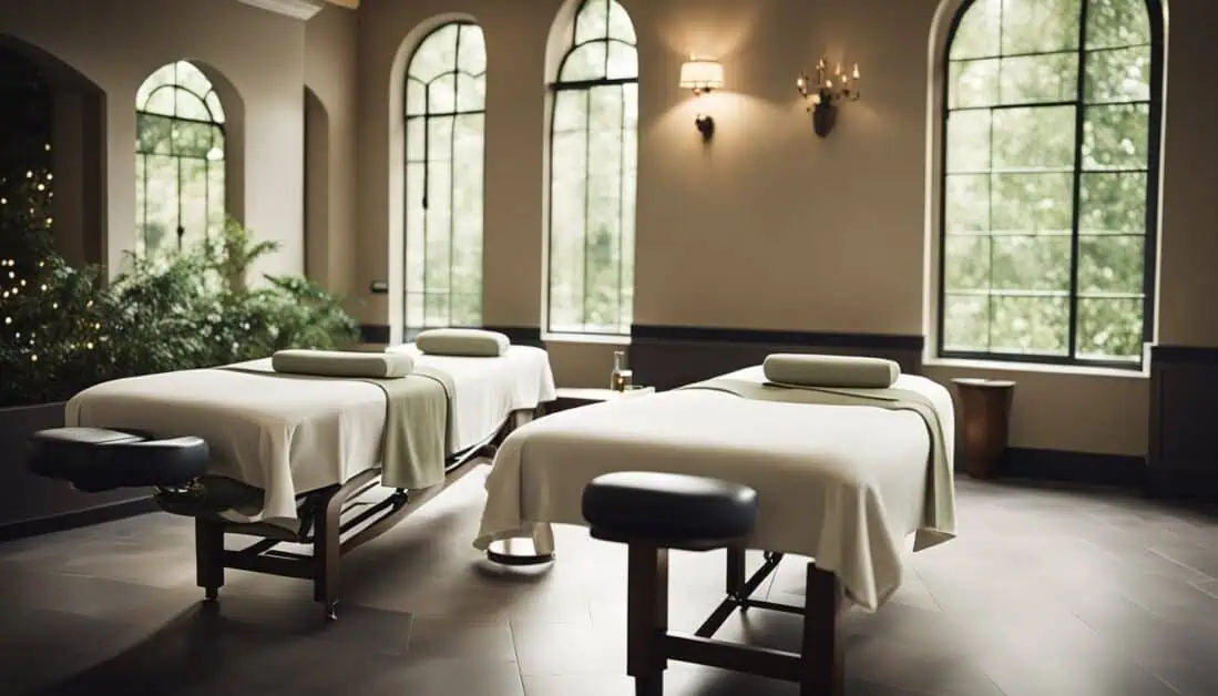 Two massage tables positioned in a serene room with large windows, ideal for couples seeking relaxation in Singapore.