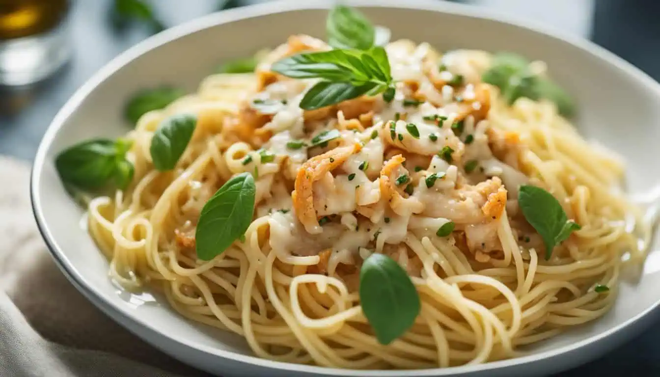 Crab pasta served in a white bowl, highlighting a delightful crab restaurant dish presentation.