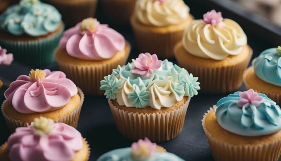 A variety of cupcakes adorned with vibrant frosting, showcasing the best cupcake bakeries in Singapore.