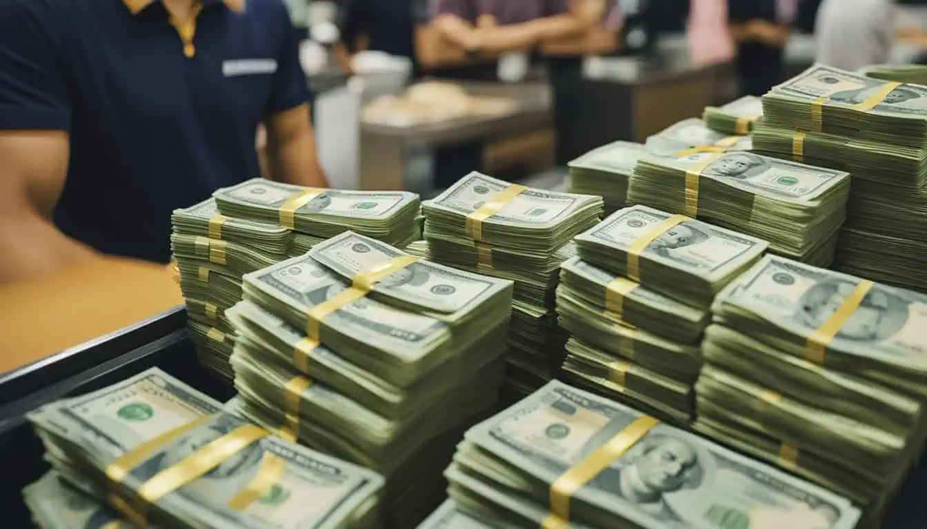 A man stands confidently before large stacks of money, representing the leading currency exchange service in Singapore.