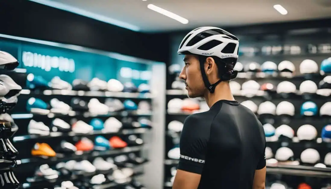 A man with a helmet shops for cycling attire in a store, representing the best cycling options in Singapore.